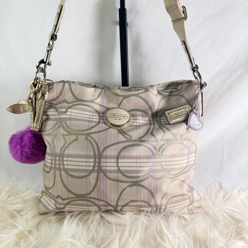 Coach Poppy Plaid Signature Crossbody Bag | Metallic Gold Trim & Purple Accents